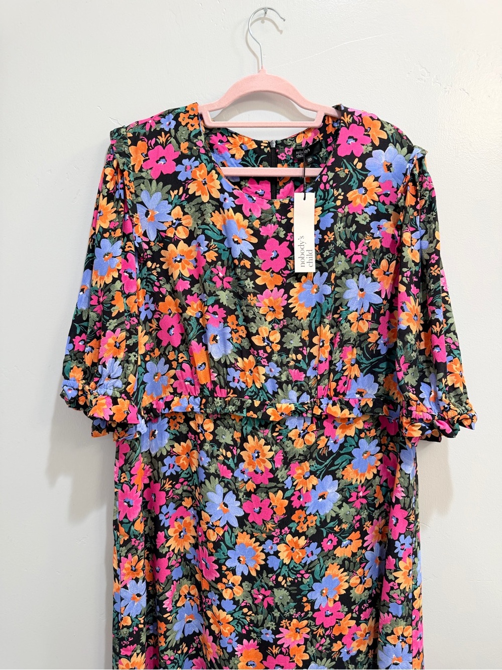 Nobody’s Child Plus Felicia Bold Floral Print Midi Dress Black Puff Sleeve US 16 - Picture 4 of 11